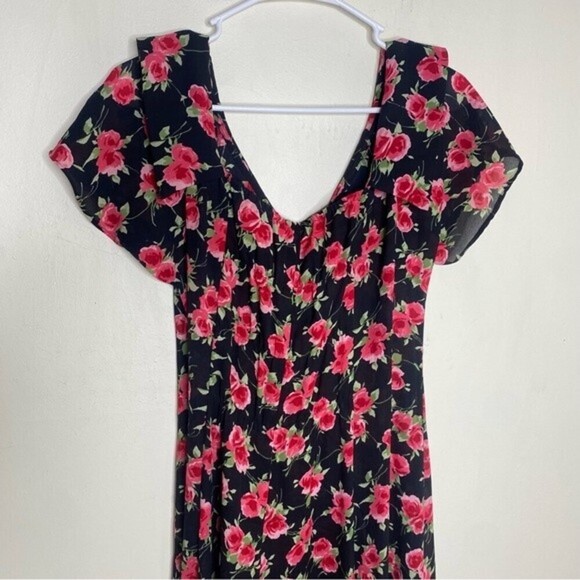 Karin Stevens Vintage 90s Black Rose Print Semi Sheer Midi Dress Size 6 - Picture 5 of 14